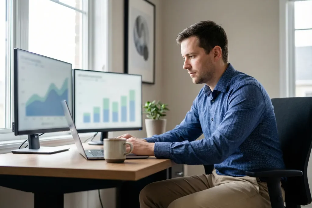 A man is going through early SEO performance indicators on dual screens. It represents how progress is measured before rankings improve.