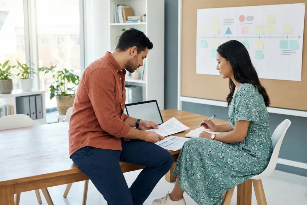 A man and a woman are planning an SEO strategy at a desk, with a visual timeline board in the background representing the first 90 days of SEO work.