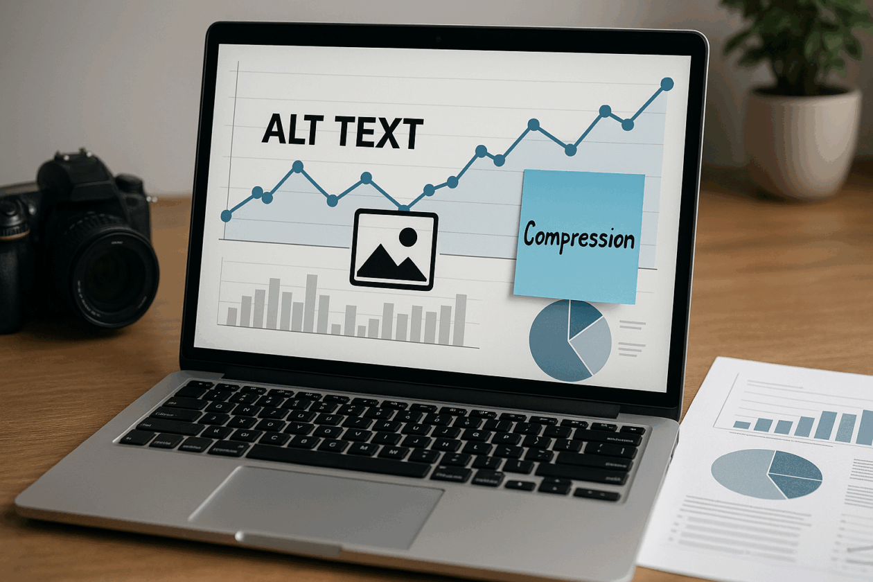 Laptop with charts showing image SEO concepts